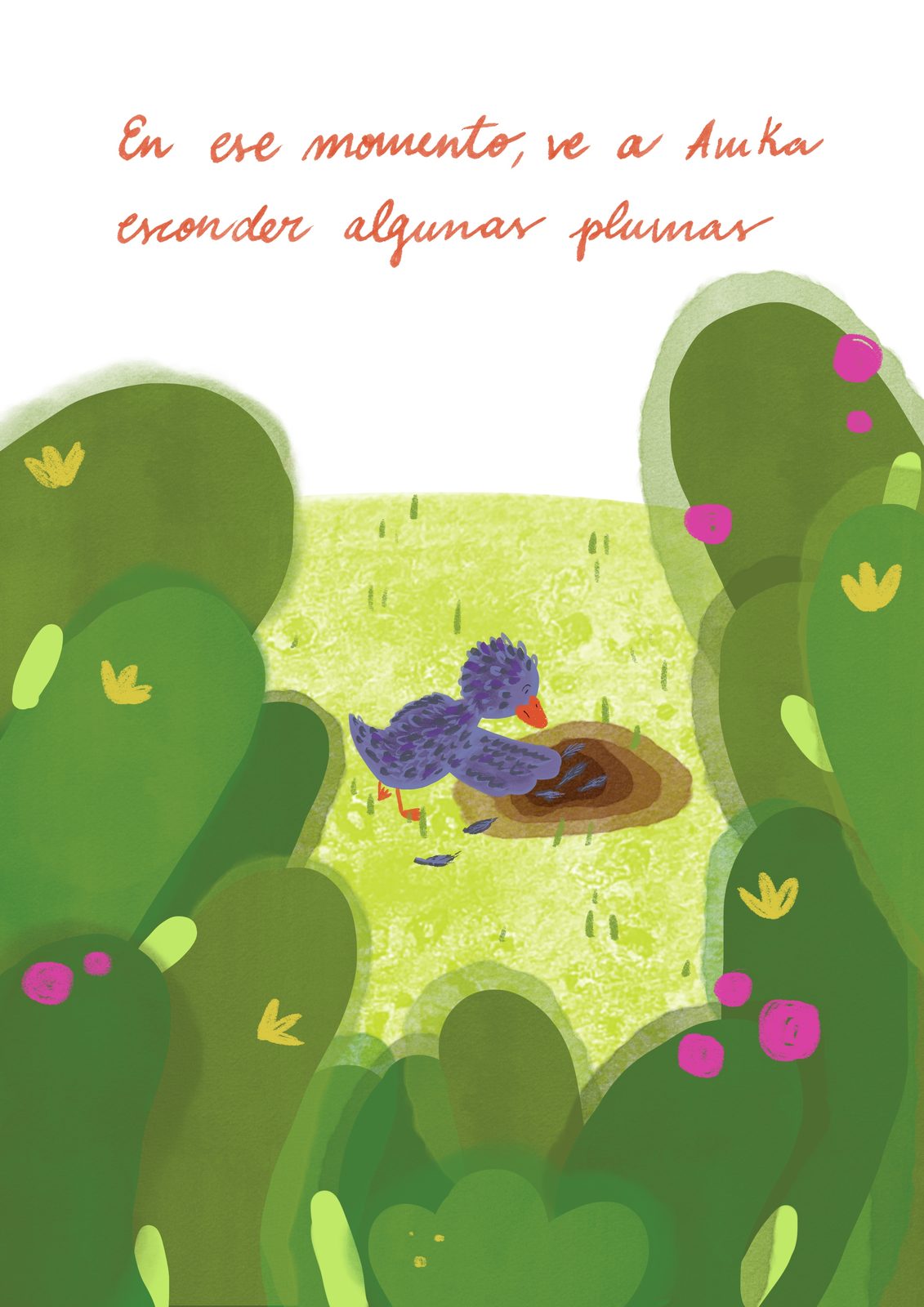 L'Amka amaga algunes plomes al jardí.